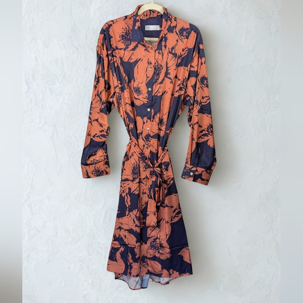 Pari Passu Long Floral Rust and Navy Button Up Tie Waist Shirt Dress NWOT (5)20 - Picture 2 of 8